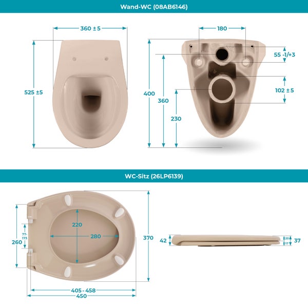 Calmwaters® Spülrandloses Hänge WC, Tiefspül WC aus Keramik, Komplettset mit WC Sitz mit Absenkautomatik in Beige-Bahamabeige, Waagerechter Abgang, WC Sitz aus antibakteriellem Duroplast, 99000190