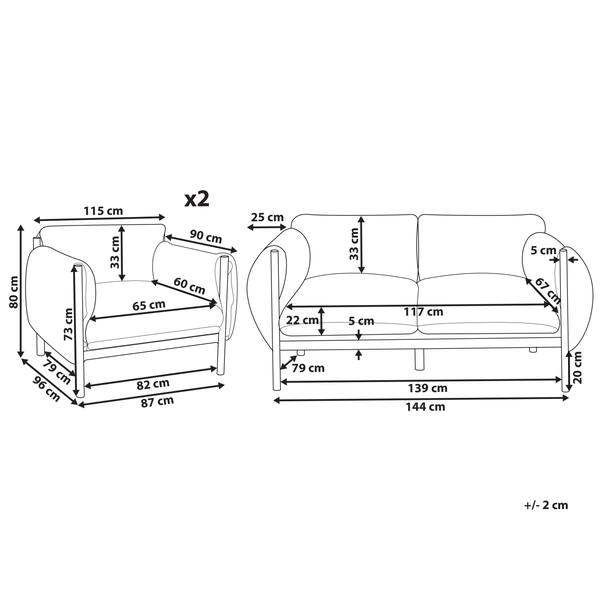 Maßzeichnung von Sessel und Sofa mit Größenangaben