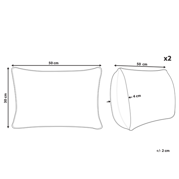 Zwei Kissen mit den Maßen 50 mal 30 Zentimeter und einer Dicke von 4 Zentimetern