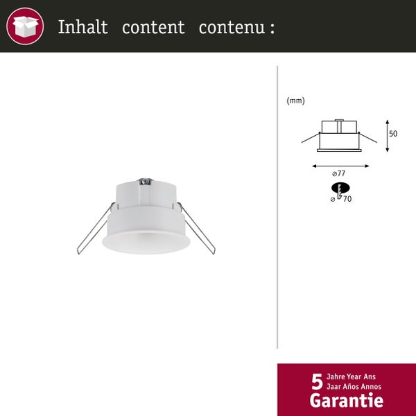 Einbaustrahler mit Produktdetails und fünf Jahre Garantie