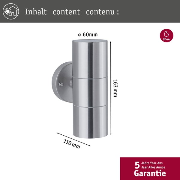Wandleuchte Flame IP44 60mm max. 2x10W 230V Edelstahl gebürstet Edelstahl
