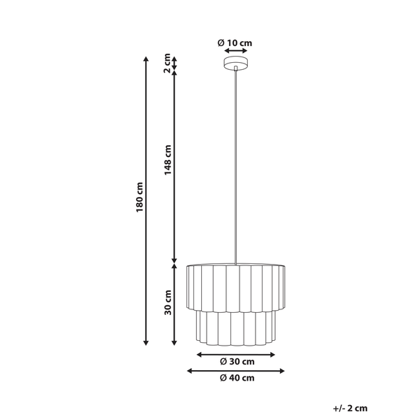 Abmessungen einer Hängeleuchte mit einem Durchmesser von 40 Zentimetern und einer Höhe von 180 Zentimetern