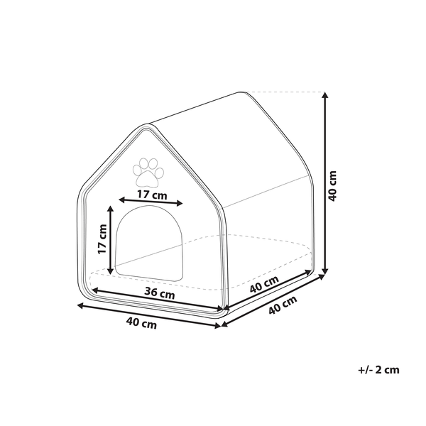 Katzenhaus aus grauem Filz in Hausform mit Pfotenmotiv, Eingang und umlaufendem Reißverschluss.