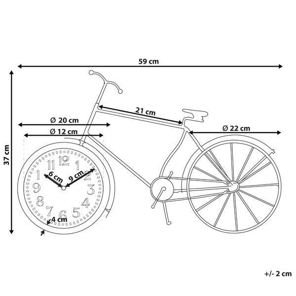 Technische Zeichnung einer Fahrrad Wanduhr mit Maßangaben