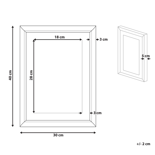 Abmessungen des Bilderrahmens: 40 cm Höhe, 30 cm Breite, 5 cm Tiefe, Innenmaße 28 cm x 18 cm