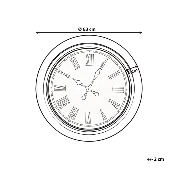 Abmessungen einer runden Wanduhr mit römischen Ziffern, Durchmesser 63 cm