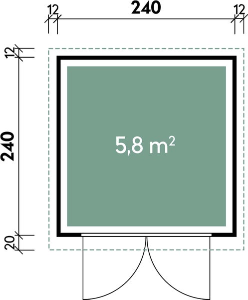 Grundrisszeichnung eines Gartenhauses mit 5,8 Quadratmetern Grundfläche und den Außenmaßen 240 mal 240 Zentimeter inklusive zweiflügeliger Tür.