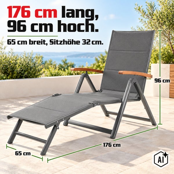 Klappbare Gartenliege mit Armlehnen, 176 cm lang, 96 cm hoch, 65 cm breit, Sitzhöhe 32 cm.