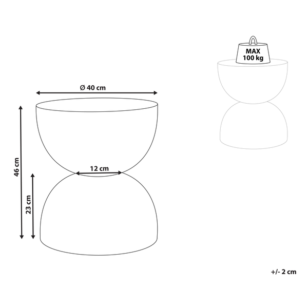 Skizze eines Hockers mit Abmessungen und maximaler Belastbarkeit von 100 Kilogramm