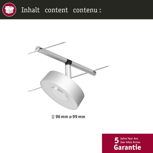 LED-Seilsystemstrahler, rund, 96 Millimeter Höhe und 99 Millimeter Durchmesser, 5 Jahre Garantie.