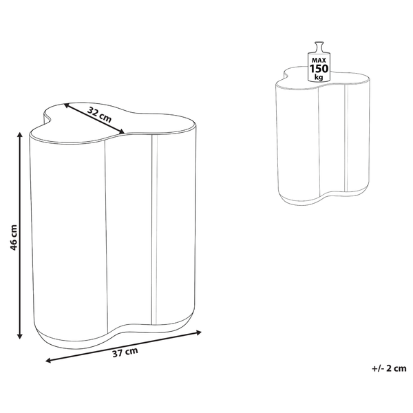 Abbildung eines Beistelltisches mit den Maßen 46 cm Höhe, 32 cm Breite und 37 cm Tiefe, maximale Belastbarkeit 150 kg