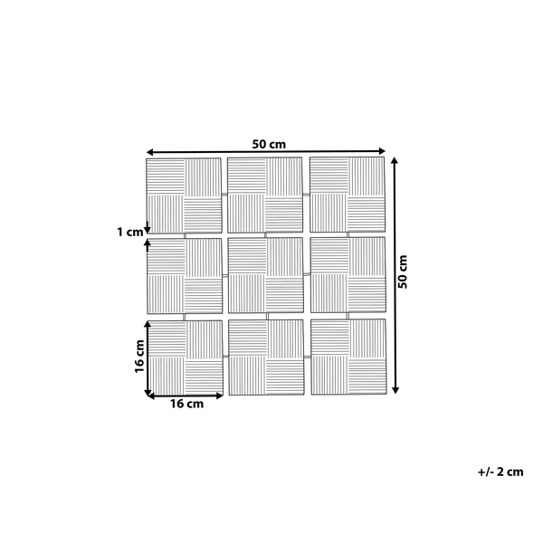 Abmessungen der Wandpaneele: 50 cm breit, 50 cm hoch, 1 cm dick und einzelne Paneele 16 cm breit und 16 cm hoch