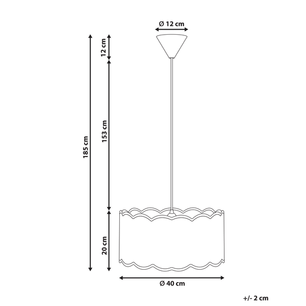 Technische Zeichnung einer Hängeleuchte mit den Maßen 185 Zentimeter Höhe, 40 Zentimeter Durchmesser und 20 Zentimeter Lampenschirmhöhe.