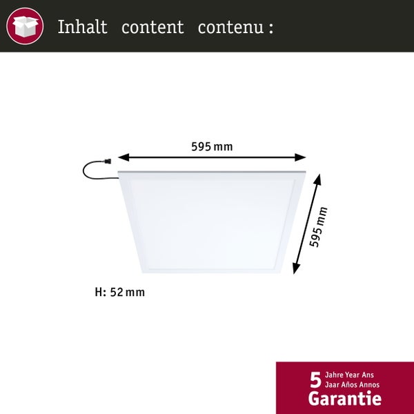 Abmessungen einer LED-Panel Leuchte mit den Maßen 595 x 595 x 52 Millimeter.