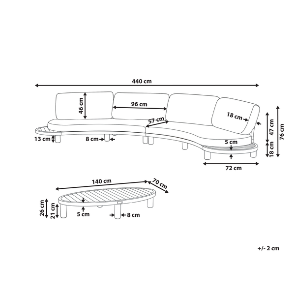 Maßzeichnung eines gebogenen Gartensofas und eines ovalen Couchtisches mit Abmessungen in Zentimetern.