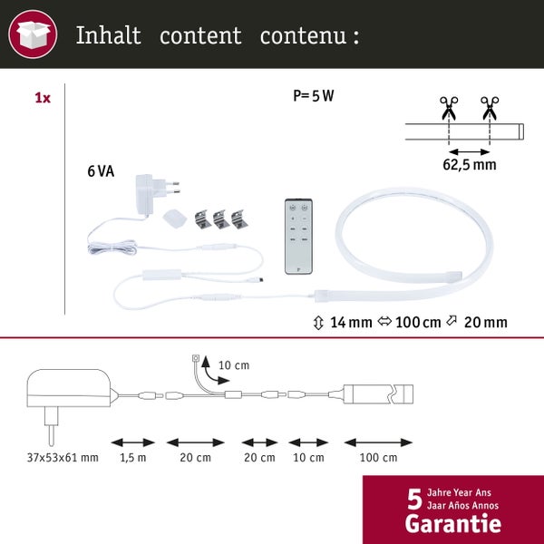 Inhalt einer LED-Lichtleiste mit Netzteil, Befestigungsclips und Fernbedienung sowie Maßangaben