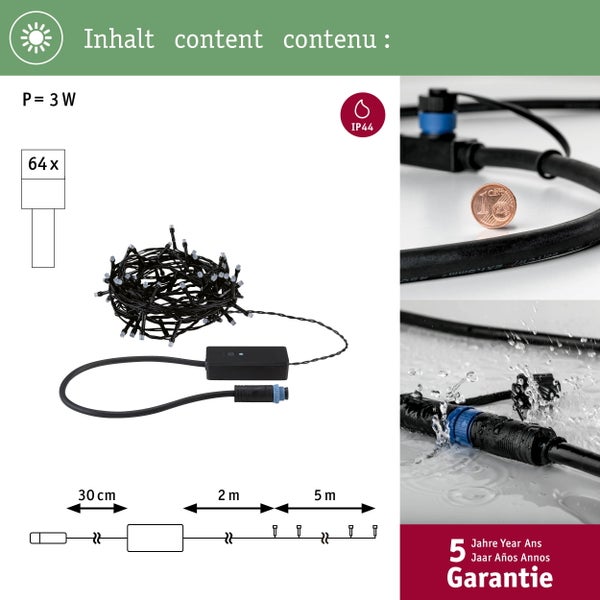 Lichterkette mit 64 Leuchten, Leistungsangabe 3 Watt, IP44 Schutzgrad und fünf Jahre Garantie