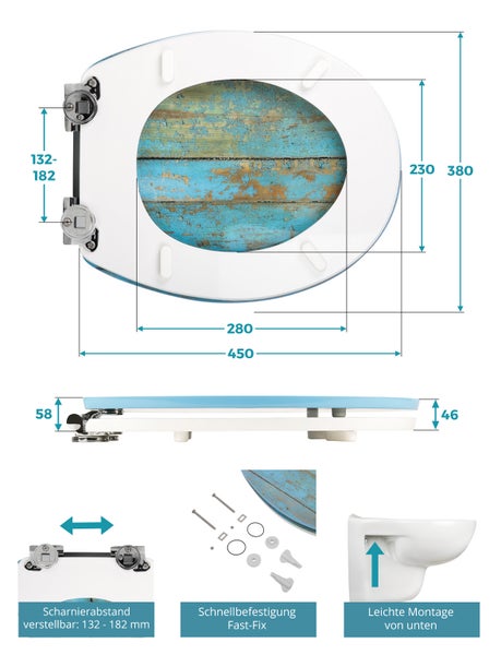 Calmwaters® WC Sitz mit Absenkautomatik, Holz-Motiv Shabby-Chic, Holzkern Toilettendeckel, Fast-Fix, Metallscharnier, universale O-Form, ovaler Klodeckel, Komfort Toilettensitz, Holz-Dekor, 26LP2817