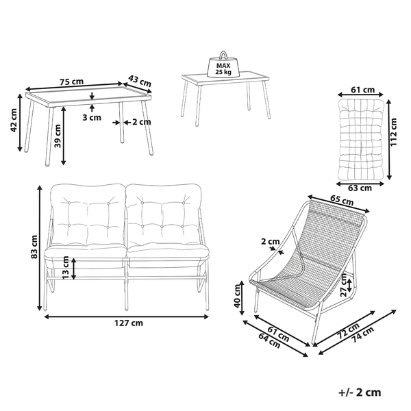 Maßskizze eines Gartenmöbel-Sets mit Tisch, Sofa und Sessel inklusive Zentimeterangaben.