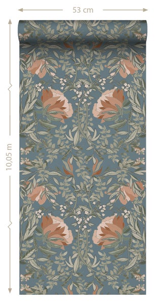 ESTAhome Tapete Blumenmuster im Jugendstil Graublau - 53 cm x 10.05 m - 139643