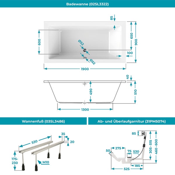 Maßzeichnung einer Badewanne mit Wannenfuß sowie Ab- und Überlaufgarnitur inklusive technischer Angaben in Millimeter.