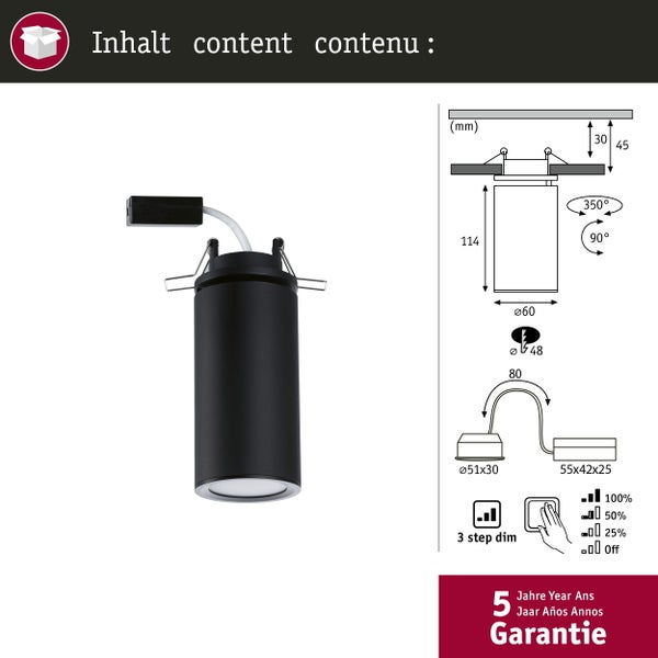 LED Einbauleuchte 3-Step-Dim Turnal rund 60mm 90° Coin 6W 470lm 230V dimmbar 2700K Schwarz matt