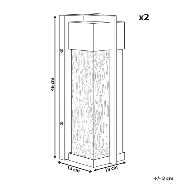 Skizze einer Wandleuchte mit strukturiertem Glas, 2er-Set, Höhe 46 Zentimeter, Breite 13 Zentimeter, Tiefe 13 Zentimeter.
