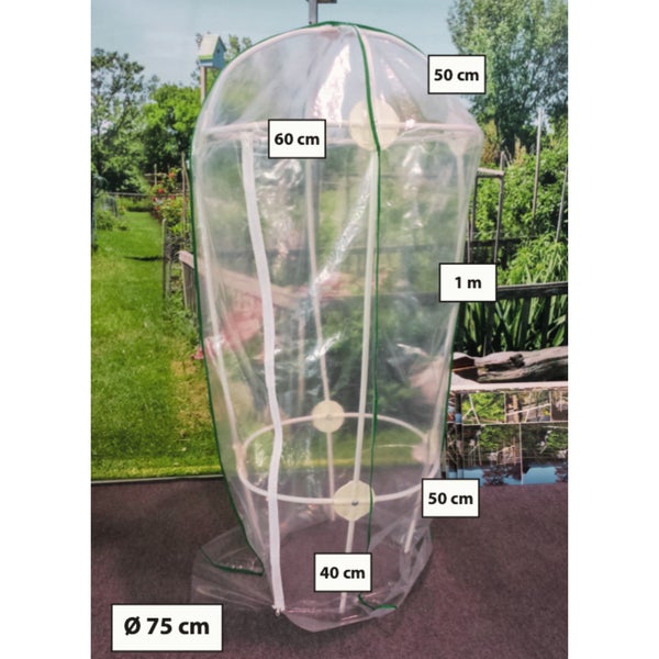 Pflanzenhaus mit den Maßen 75 Zentimeter Durchmesser, 1 Meter Höhe, 40 Zentimeter Basis, 50 Zentimeter Tiefe und 60 Zentimeter Breite