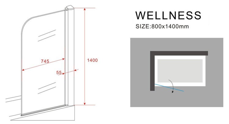 Technische Zeichnung einer Duschwand mit Maßen 800 mal 1400 Millimeter