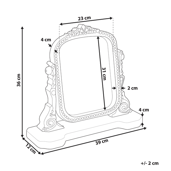 Abbildung eines Schminkspiegels mit den Maßen 36 cm Höhe, 23 cm Breite, 31 cm Länge, 39 cm Tiefe, 12 cm Sockelbreite und 4 cm Rahmenbreite