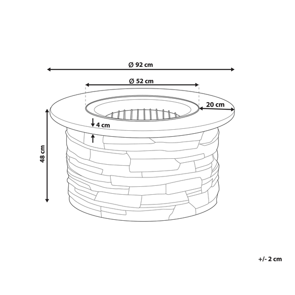 Maßzeichnung einer runden Feuerschale in Steinoptik. Gesamthöhe 48 Zentimeter, Außendurchmesser 92 Zentimeter, Innendurchmesser 52 Zentimeter.