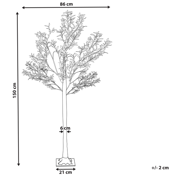 Abbildung eines Kunstbaums mit den Maßangaben: 150 cm Höhe, 86 cm Breite, Stammdurchmesser 6 cm, Sockel 21 cm.