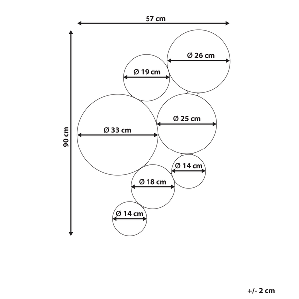 Abmessungen des Produkts, 57 cm breit und 90 cm hoch, mit Kreisen von 14 cm bis 33 cm Durchmesser