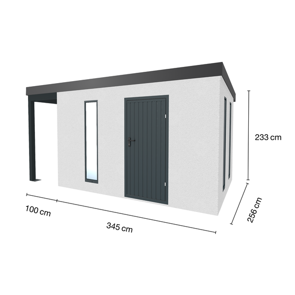 Gartenhaus mit Tür und Fenster, Abmessungen sind dargestellt
