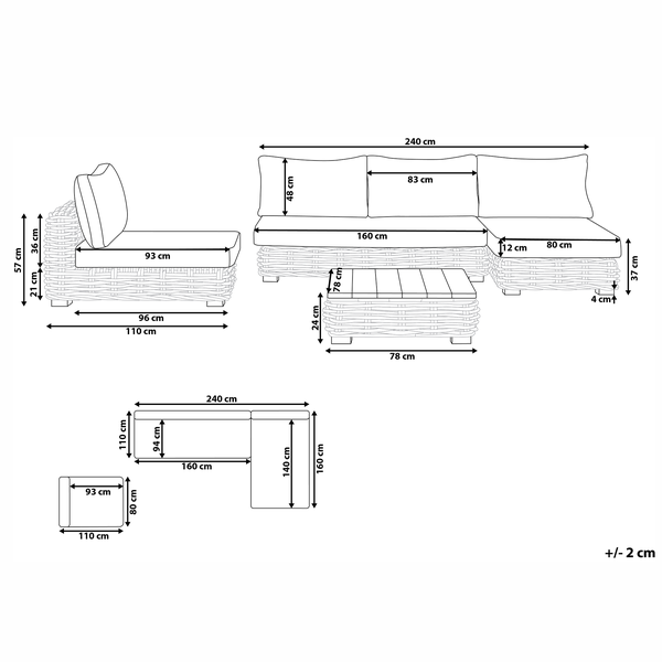 Lounge Set mit Tisch 4-Sitzer VARALLO rechtsseitig modular Rattan Naturfarben