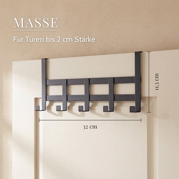 Türhakenleiste mit 5 Haken zur Montage an Türen bis 2 Zentimeter Stärke, Abmessungen 32 mal 11,3 Zentimeter