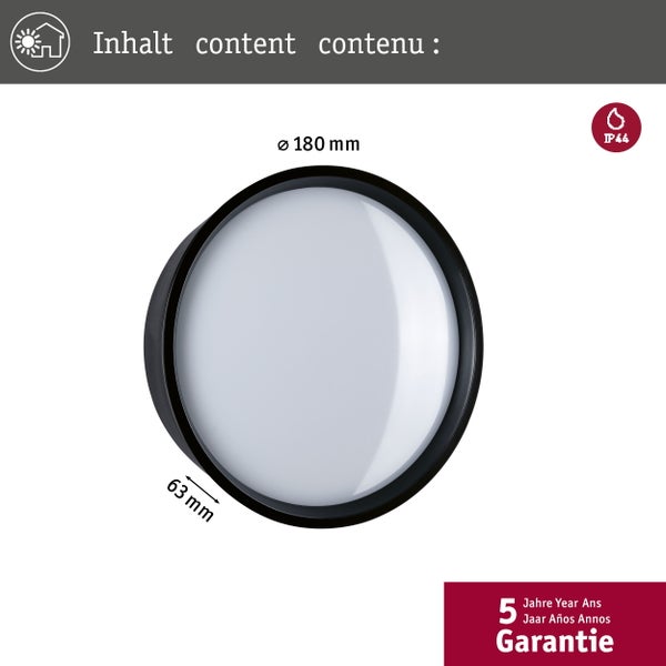 LED Außenwandleuchte Platomo seewasserresistent IP44 rund 180mm 3000K 14,5W 1200lm 230V Schwarz Kunststoff