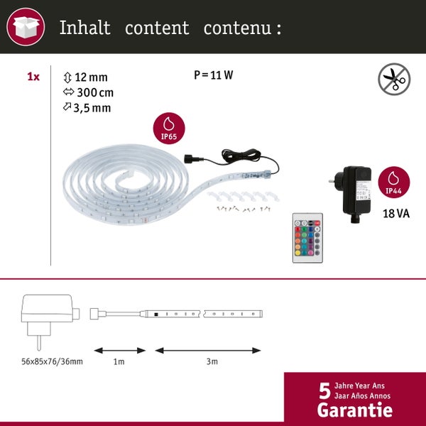 LED-Streifen mit Fernbedienung und Netzteil, 300 cm lang