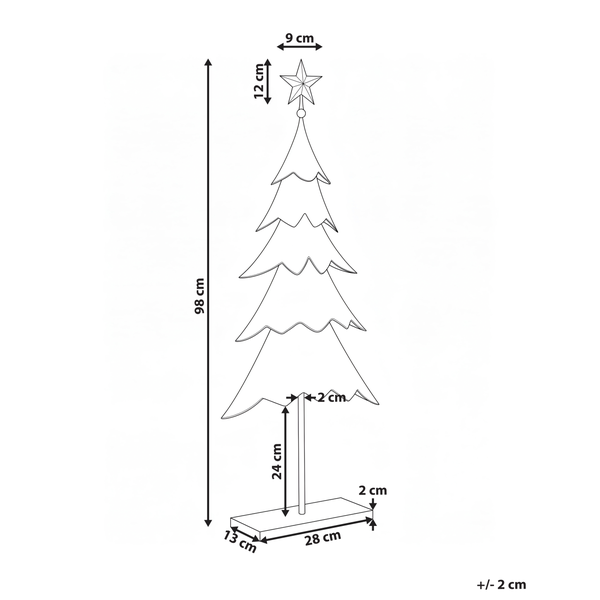Maßskizze eines Weihnachtsbaums aus Holz mit Sternspitze und rechteckigem Standfuß, Gesamthöhe 98 Zentimeter.