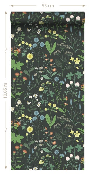 ESTAhome Tapete Feldblumen Multicolor auf Schwarz - 53 cm x 10.05 m - 139392
