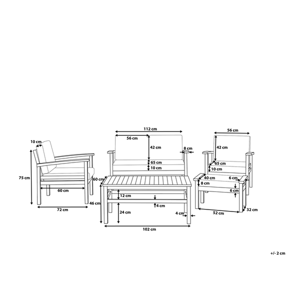 Maße eines Gartenmöbel-Sets mit Sessel, Zweisitzer und Tisch