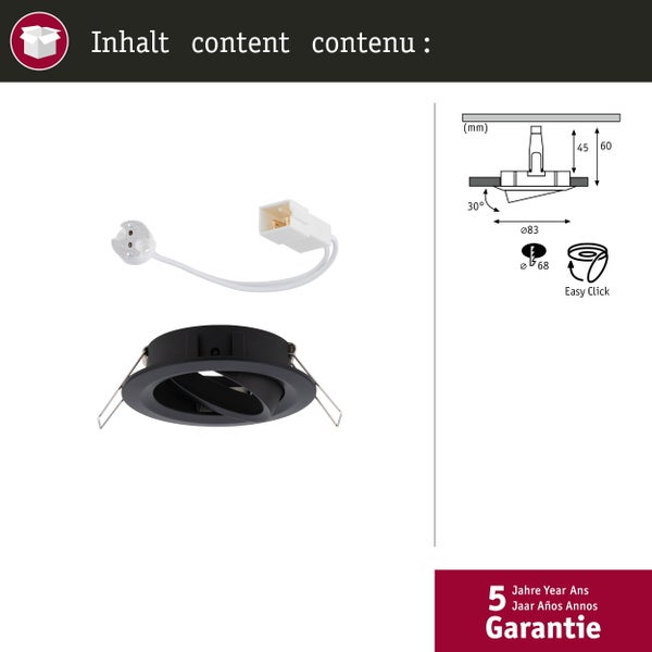 Inhalt eines schwarzen Deckeneinbaustrahlers mit Zubehör und Maßangaben