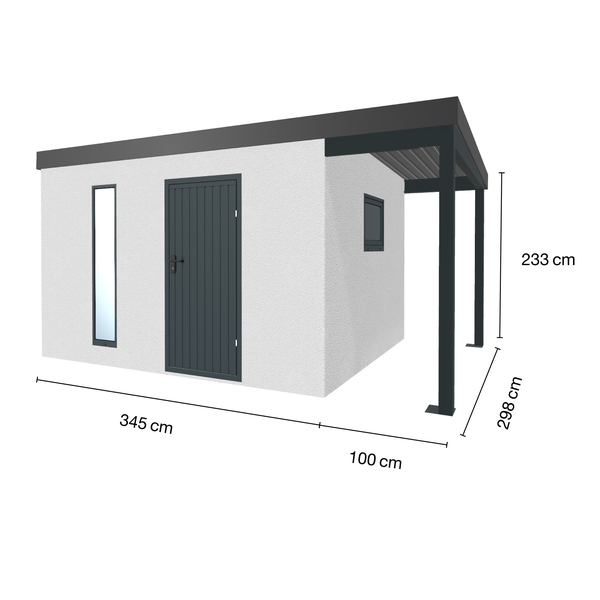 Gartenhaus mit Überdachung und Größenangaben 345 cm, 100 cm, 233 cm, 298 cm
