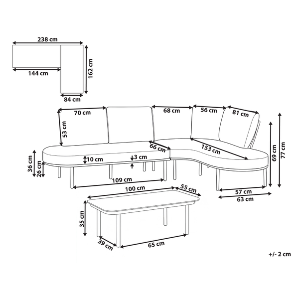 Zeichnung eines Lounge-Sets mit Maßen in Zentimetern. Bestehend aus Ecksofa und Couchtisch. Gesamtmaße 238 mal 162 Zentimeter.