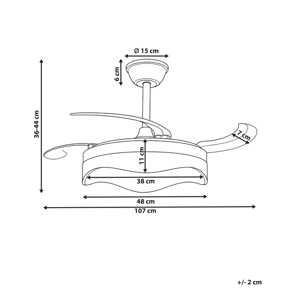 Maßzeichnung eines Deckenventilators mit Beleuchtung inklusive aller relevanten Abmessungen in Zentimetern.