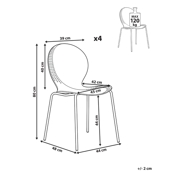 Abmessungen eines Stuhls mit einer maximalen Belastbarkeit von 120 Kilogramm