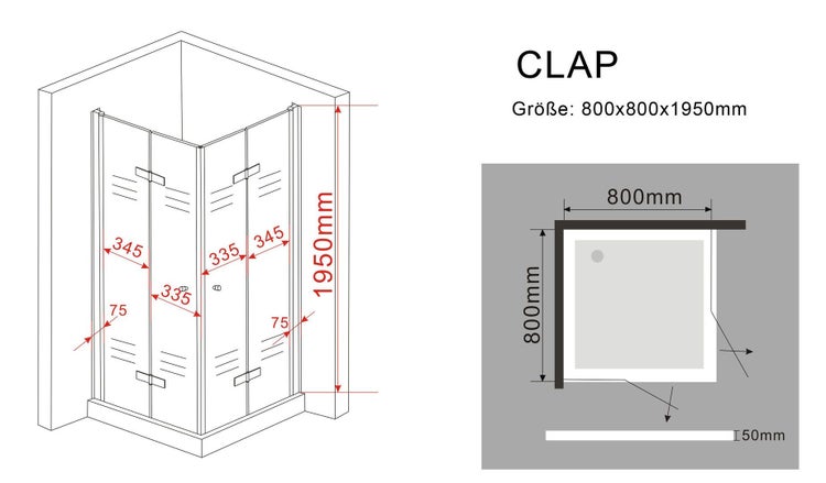 Technische Zeichnung einer Duschkabine mit Maßen
