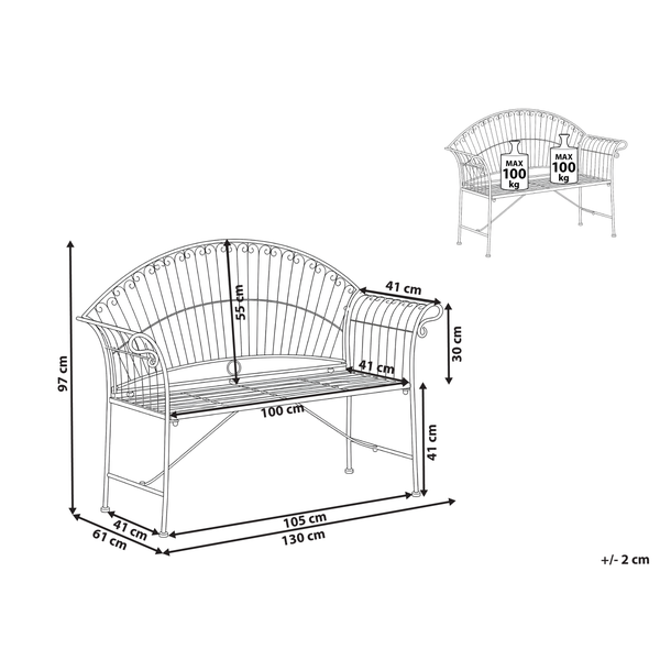Maßskizze einer Gartenbank aus Metall mit Angaben zu Breite, Höhe, Tiefe und einer maximalen Belastbarkeit von zweimal 100 Kilogramm.