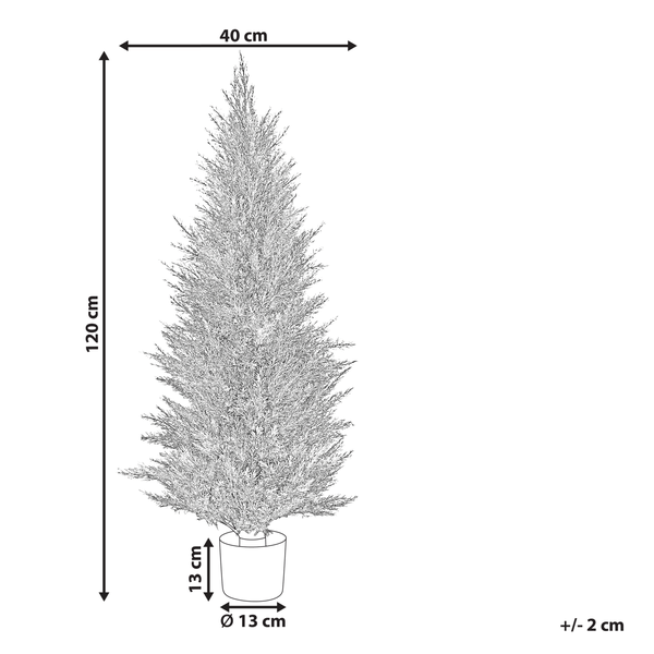 Abmessungen einer künstlichen Zypresse mit Topf: 120 cm hoch und 40 cm breit.