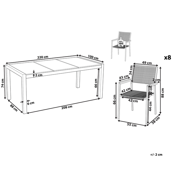 Gartenmöbel Set 8-Sitzer GROSSETO Crashglas Transparent / Schwarz